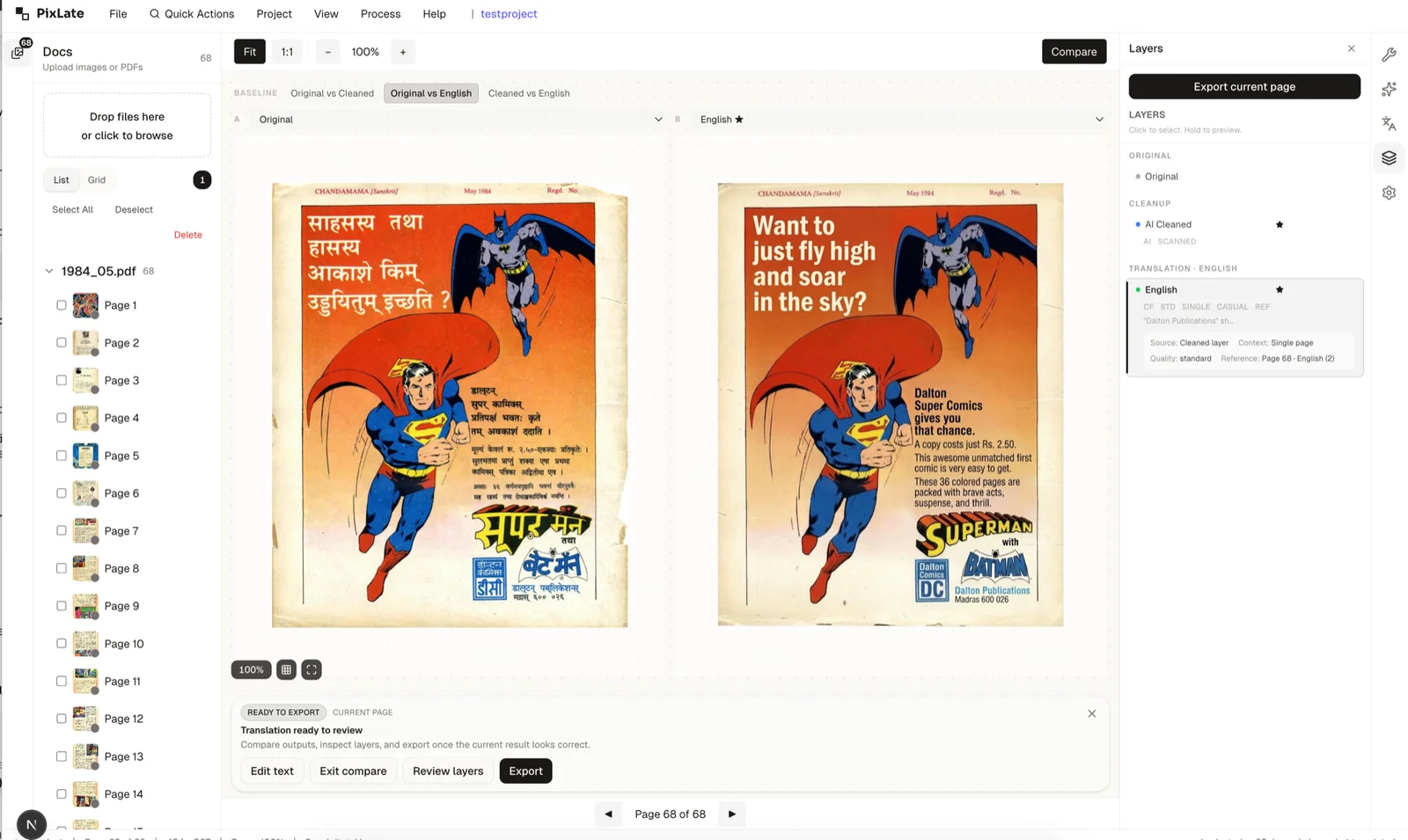 PixLate editor showing page compare view, cleanup controls, and review tools.
